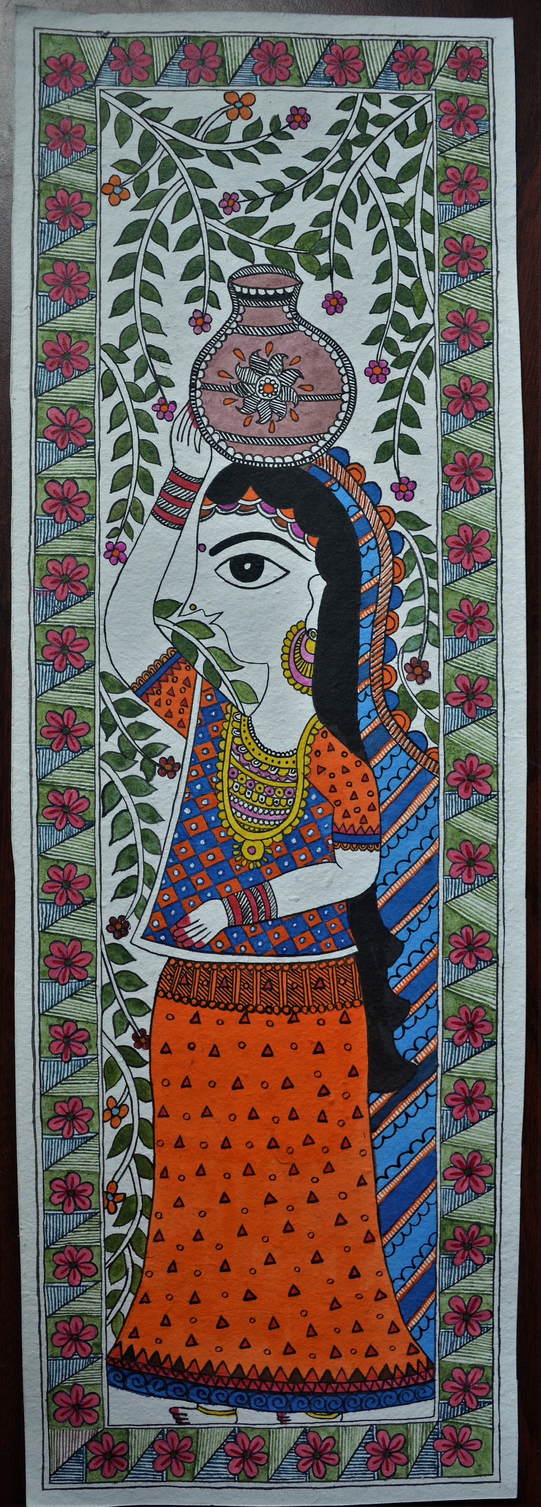 Handmade Madhubani Acrylic Painting, Woman With Earthen Pot, Handmade ...
