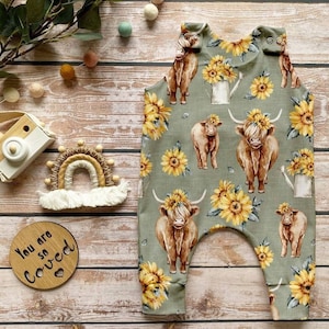 Highland Cow Romper, Sunflower Stretch Jersey Romper, Cow Lover Print, Floral Baby Toddler Full Leg Romper, Farming Inspired