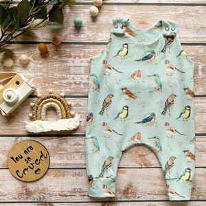 Garden Birds Romper, British Birds Stretch Jersey Romper, Baby Toddler Full Leg Romper, Exclusive Print, Spring Summer Baby Gift Idea