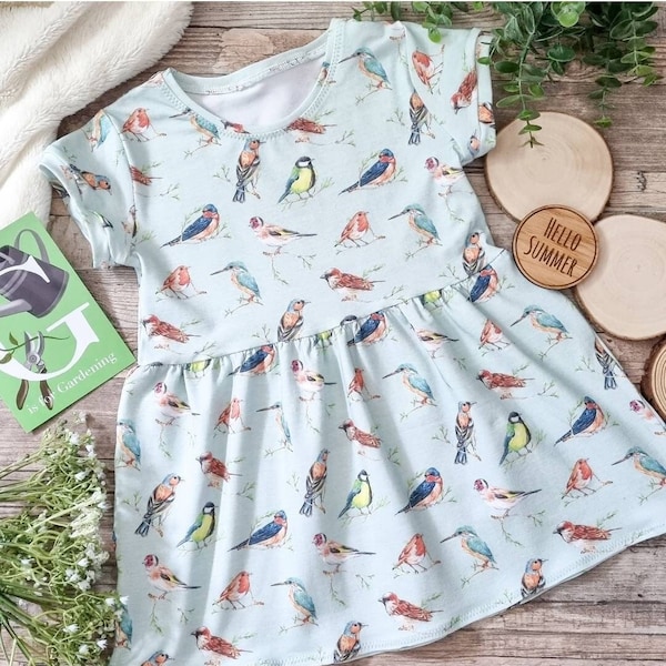 Short Sleeve Girls T-Shirt Dress, Garden Birds Print Dress, Casual Fit Birds Dress, Short Sleeves, Cotton Jersey Girls Dress