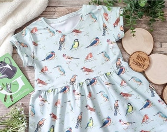 Short Sleeve Girls T-Shirt Dress, Garden Birds Print Dress, Casual Fit Birds Dress, Short Sleeves, Cotton Jersey Girls Dress