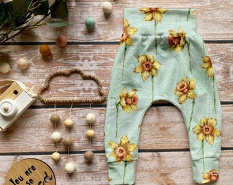 Floral Daffodil Leggings, Waistband Leggings, Daffodil Flower Exclusive Print, Mint Baby Toddler Leggings