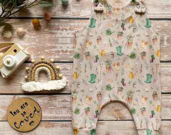 Gardener's World Romper, Gardening Print Stretch Jersey Romper, Vegetables Home Grown Print, Baby Toddler Full Leg Romper, Gardening Tools