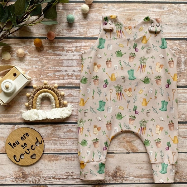 Gardener's World Romper, Gardening Print Stretch Jersey Romper, Vegetables Home Grown Print, Baby Toddler Full Leg Romper, Gardening Tools