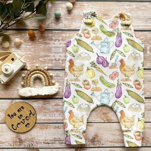 Vegetables Farm Romper, Chicken Print Stretch Jersey Romper, Home Grown Print, Baby Toddler Full Leg Romper