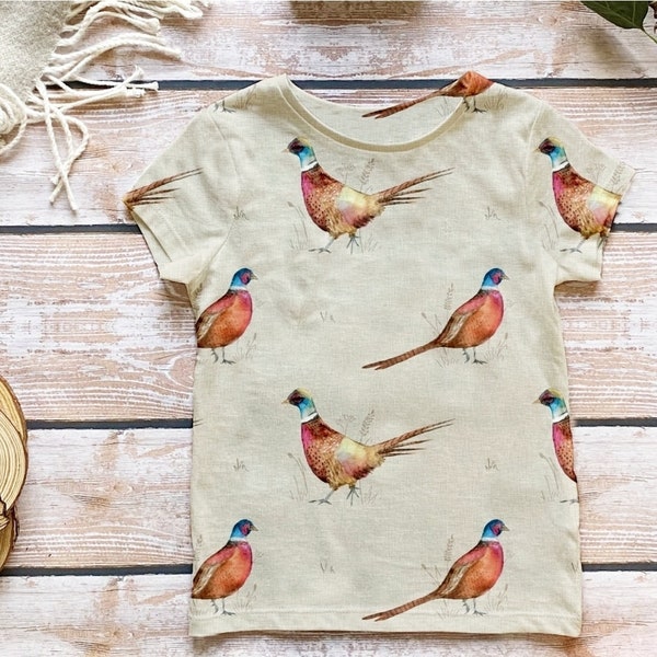 Fasan Kurzarm T-Shirt, Game Bird Print T-Shirt, Country inspiriertes Fasan Print Kindertop, geschlechtsneutral