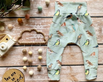 Garden Birds Leggings, British Birds Print Waistband Leggings, Gender Neutral, Baby Toddler Harem Leggings, Spring Summer Leggings