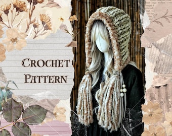 Boho Woodland Fairy Hood Crochet Pattern, Chunky Hood with Tassels, Cottagecore Chunky Hat, PDF Pattern