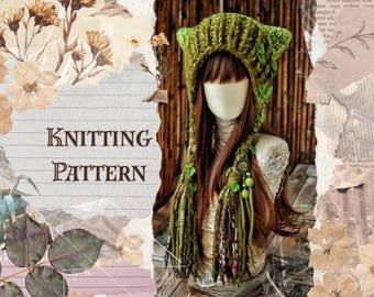 Chunky Knit Cat Ear Beanie, Y2K Winter Hat, Kitty Hood, Alt Accessory, PDF Pattern