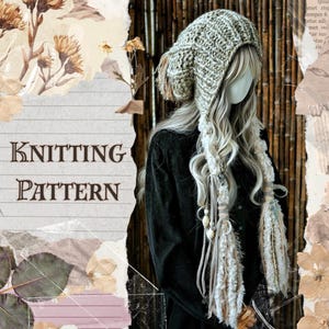 Boho Woodland Fairy Hood Knitting Pattern, Chunky Slouchy Beanie with Tassels, Cottagecore Pixie Bonnet, PDF Pattern