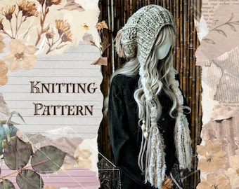 Woodland Fairy Hood Knitting Pattern, Slouchy Beanie with Tassels, Pixie Bonnet, PDF Pattern