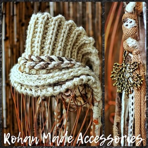 May include: A beige knit hat with a ribbed texture and a braided trim, featuring a dangling metallic tree-shaped charm attached to a side panel of woven cords, lace, and fabric strips. The text Rohan Made Accessories is visible.