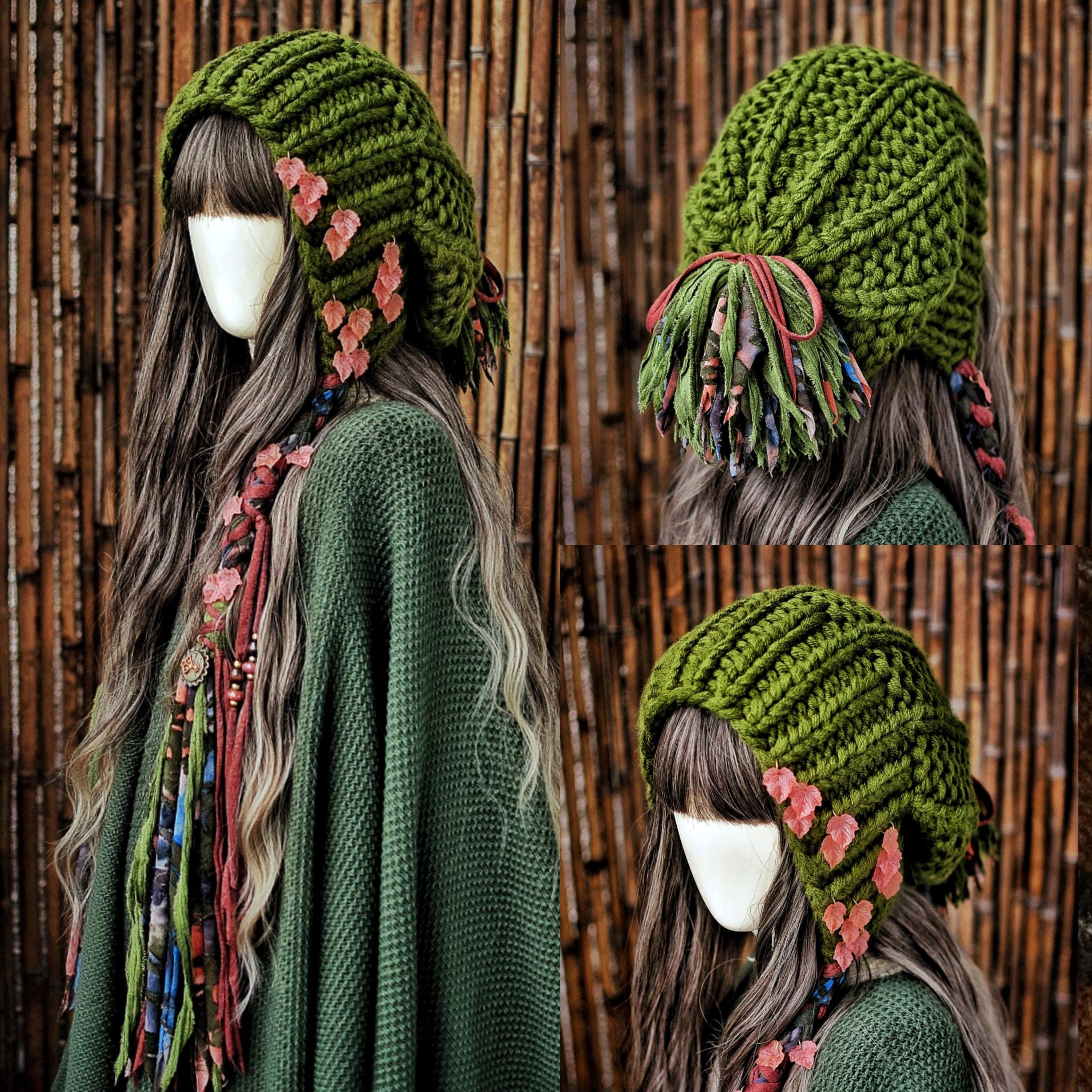 Patchwork Graffiti Print Cotton Slouchy Beanie with Ties, Cottagecore Gardening Knit Patchwork Cottagecore Beanie – Lakhay-Retail main image 2