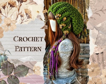 Chunky Woodland Fairy Hood Crochet Pattern, Whimsical Slouchy Beanie with Tassels, Cottagecore Pixie Bonnet, PDF Pattern