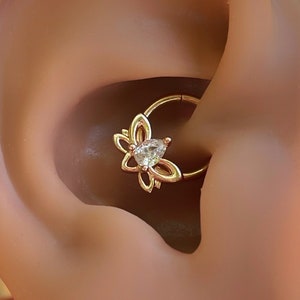 Rose Gold Lotus Flower Daith Clicker: 16 Gauge CZ Hinged Ring