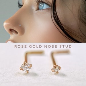 Tiny teeny Diamond Nose Stud, Solid Rose Gold Nose Piercing, 1mm 2mm Simulated Diamond L shape stud, 8833