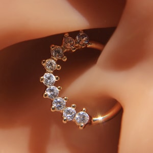 Marquise Rose Gold Daith Ring, Diamond Sterling Silver Gold Plated Nose Ring, 18 Gauge Nose Piercing, 8mm Nose Ring Gold, 73190R