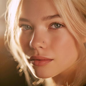 May include: Close-up of a person's face with blonde hair and light eyes. A small, red gemstone nose stud is visible. The skin has a soft, natural tone, and the lighting is warm and diffused.