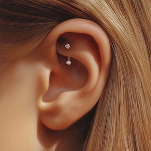 Rose Gold Rook Barbell, Implant Grade Titanium Rose Gold Rook Jewelry, 8mm Bar 3mm Simulated Diamond Prong Barbell