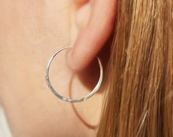 Mother Day Sale, Silver boho hoops, Thin hammered hoops, Everyday earrings, gift for daughter