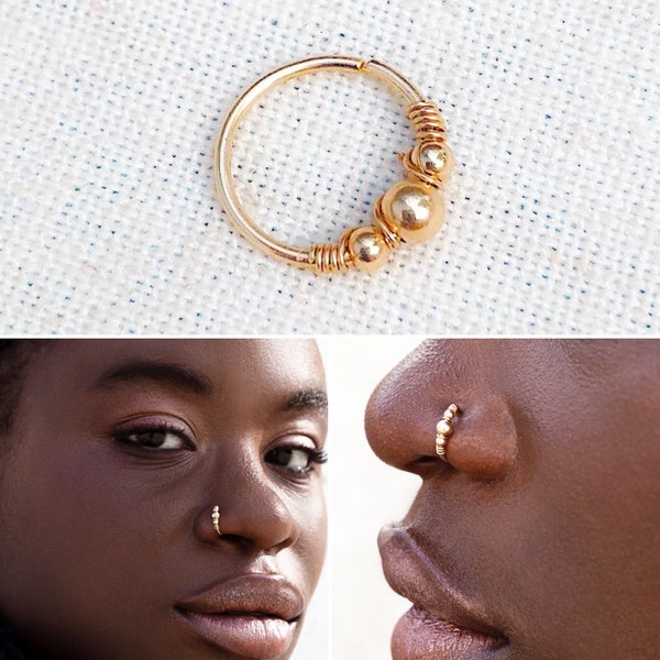 Gold beaded nose ring, Helix piercing ring, Cartilage hoop, Piercing 8, 9 mm ring, Tragus hoop, Gift for her