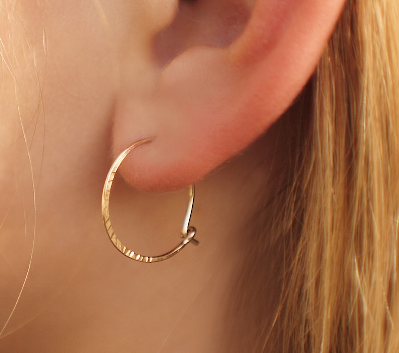 Hammered Gold Hoops, Boho Dainty Hoops, 14k Solid Gold Filled Tiny Hoops, Romantic Earrings, Everyday Hoops, Gift for her image 2