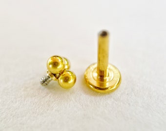 24k Gold trinity cartilage stud, triple ball flat back stud, 16 gauge implant grade, internally threaded titanium labret