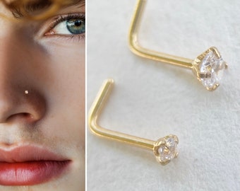 Diamond Nose Stud, Solid Gold Nose Piercing, Simulated Diamond Nose Ring, Tiny Nose Piercing