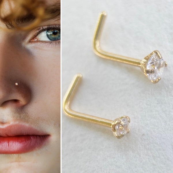 Diamond Nose Stud, Solid Gold Nose Piercing, Simulated Diamond Nose Ring, Tiny Nose Piercing