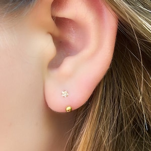 Horseshoe Sterling Silver Earring, Diamond Star Gold Screw Ball Earrings, Minimalist Diamond Barbell, 9120GS