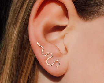 Snake Climber Earrings, 14k Gold Ear Climbers, Snake Ear Crawler, Dainty Ear Climber, Gold Snake Earrings