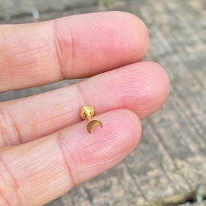 Gold titanium stud, tiny cartilage moon, 16 gauge gold flat back stud, 6mm, 8mm bar piercing, 1600
