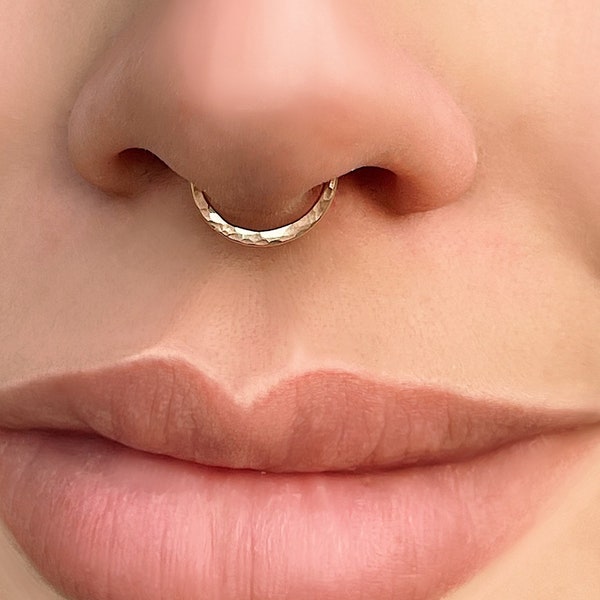 Septum ring 18 gauge, Solid gold 14k Daith piercing, Helix piercing, Cartilage hammered ring