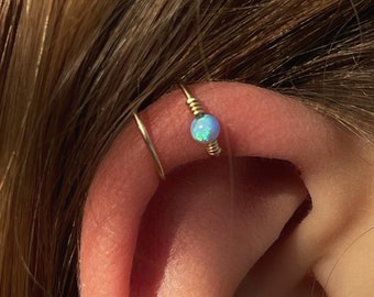 Double Ear cuff, Opal Ear Cuff, Fake Piercing, Gold Cartilage Cuff, No Piercing, Valentines Day gift