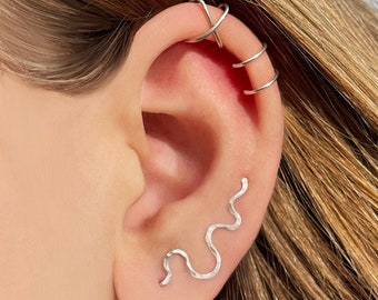 Gift jewelry set, Silver snake earrings, Crossed cuff set