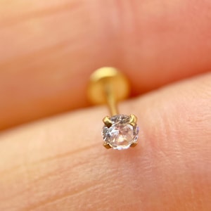 Diamond Flat Back Stud, Simulated Diamond 24K Gold Implant Grade Titanium Cartilage Stud, 20 Gauge Threadless Push In Labret, LP3, LP2