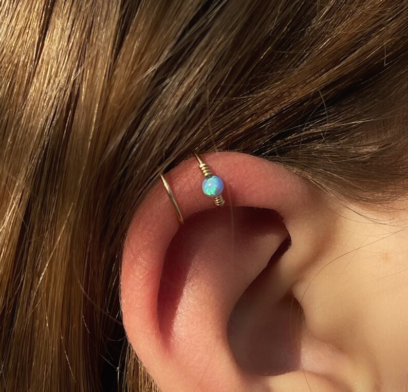 Double Ear cuff, Opal Ear Cuff, Fake Piercing, Gold Cartilage Cuff, No Piercing, Valentines Day gift image 8