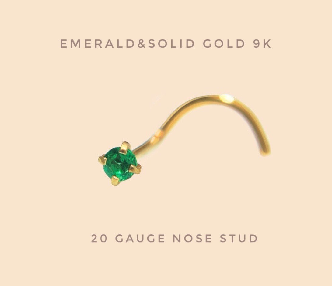 9k Solid Gold Emerald Nose Stud: 20 Gauge Corkscrew Piercing