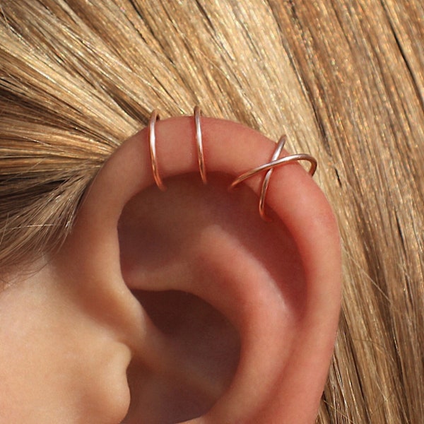 Rose gold Cross Ear Cuff, Upper Ear Cartilage No Piercing, Crossed Line Cuff Non-Pierced