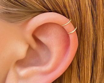 Huggie cuff, Cartilage No piercing, Double ear cuff, gold fake piercing rings