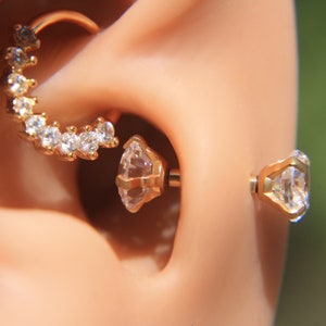 Tragus diamond barbell 5mm, Tragus gold stud, Screw back diamond stud, 6045G