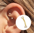 Crystal Rook Jewelry, 24k Gold Titanium Internally Threaded, Double Diamond Curved Barbell, 16 Gauge Rook Piercing, 5934