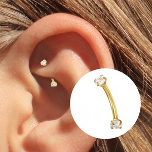 Crystal Rook Jewelry, 24k Gold Titanium Internally Threaded, Double Diamond Curved Barbell, 16 Gauge Rook Piercing, 5934