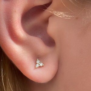 Micro 3 petal studs, Lab created diamond studs, three dot stud earrings, Gold plated silver earrings