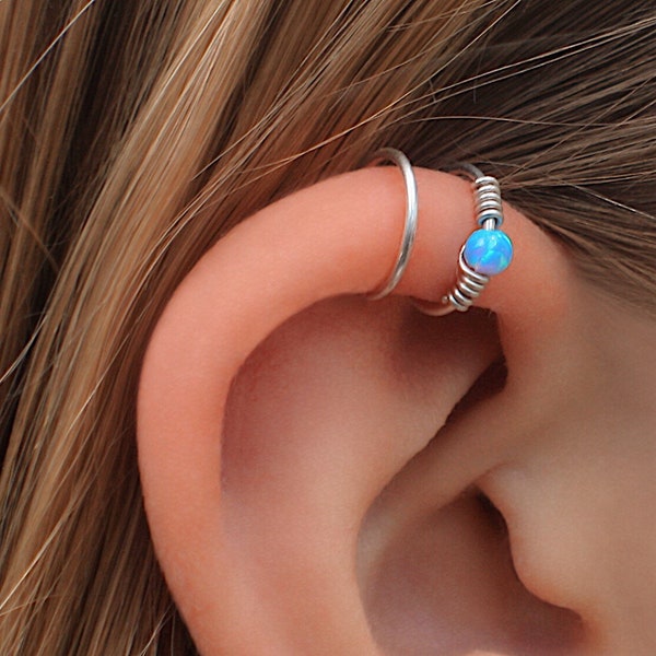 Opal silver cuff, Double ear cuff, Fake piercing, silver ear cuff, No piercing earrings, gift for her