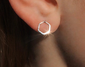 Hexagon silver studs, Honecomb dainty stud earrings, Sterling silver handmade earrings, Gift for her