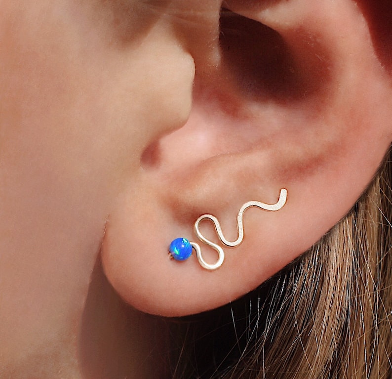 Opal snake Ear climber mini, 14 k gold filled, Snake ear crawler, Dainty ear climbers, Fire opal snake image 1