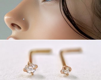 Tiny teeny Diamond Nose Stud, Solid Rose Gold Nose Piercing, 1mm 2mm Simulated Diamond L shape stud