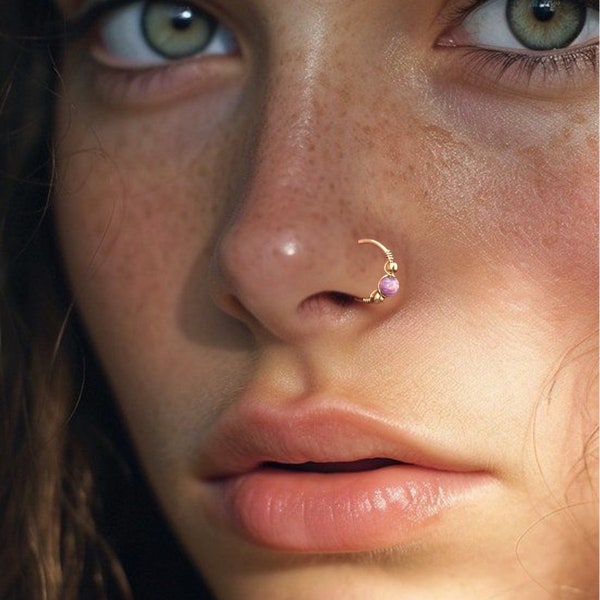 Opal nose ring, 21 gauge nose piercing, Solid gold fire opal piercing, cartilage, tragus, helix, daith piercing