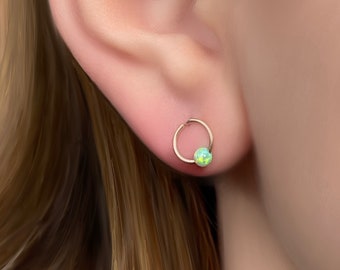 Mint green opal earrings, Circle simple studs, Dainty minimalist stud earrings, dot studs, circle opal studs